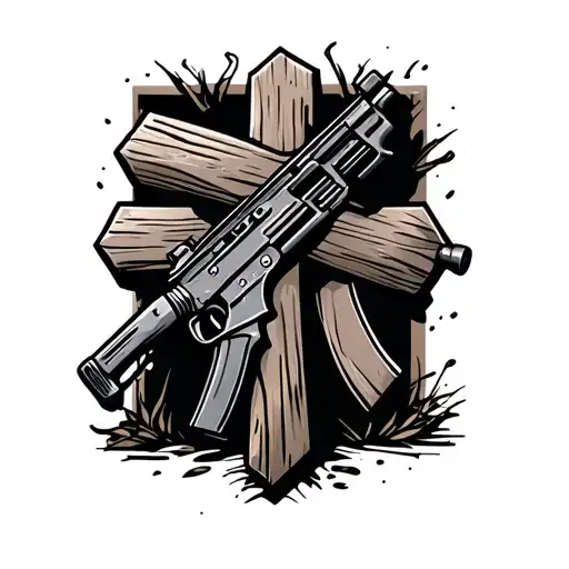 wooden cross with M16 leaning against it tattoo design idea