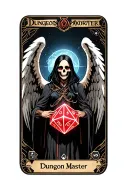 "Dungeon Master " nsfw, Dungeons and dragons, tarot card, fantasy, d20 dice, angel of death, female tattoo design idea
