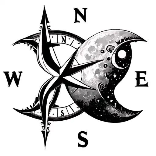compass and moon intertwined infinity symbols tattoo design idea