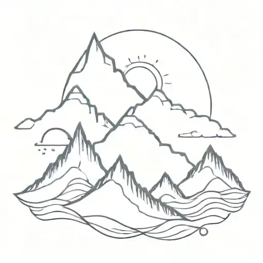 very thin lines mountains and ocean waves tattoo design idea