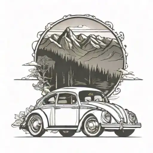 Volkswagen beetle in mountain road trip tattoo design idea