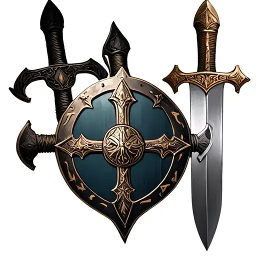 A Viking -style shield and two cross swords, in the full chest center. tattoo design idea