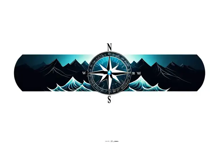 large compass with long north point surrounded by intricate geometric moutains and waves. tattoo design idea