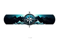 large compass with long north point surrounded by intricate geometric moutains and waves. tattoo design idea