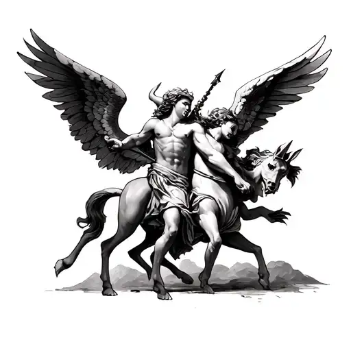 arch angel warrior as centaur sagittarius demon face fighting demon cherubs   tattoo design idea