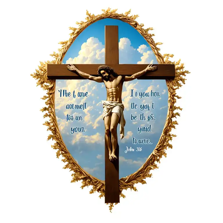 jesus cross with a bible verse John 316 and realistic clouds with sunlight coming threw onto the cross make it realistic tattoo design idea