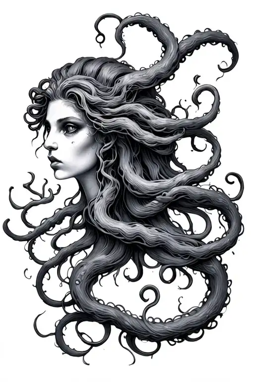 lovecraft Medusa sideways on with long flowing hair  tattoo design idea