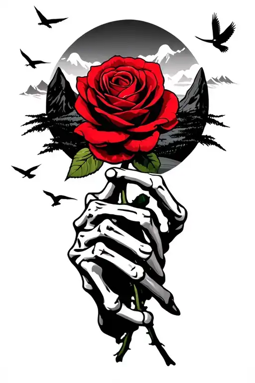 Skeleton hand holding a red rose, mountains above, forest around, flying birds in sky, smoky background, black and grey  tattoo design idea