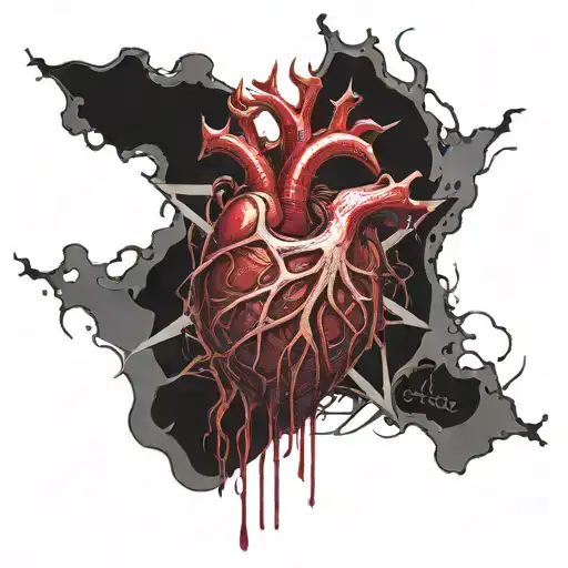 realistic human heart bleeding veins all over satanic pentagram around it. satanic symbols temple of Satan bloody thorn tattoo design idea