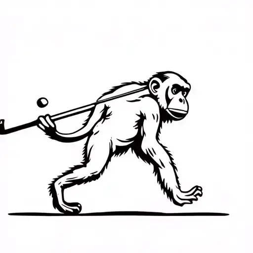 2D monkey stencil walking to the right holding a golf club over its shoulder tattoo design idea