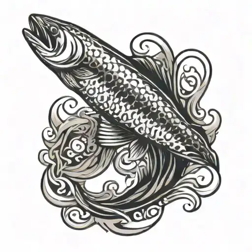 single salmon crossed tribal and lifelike tattoo design idea
