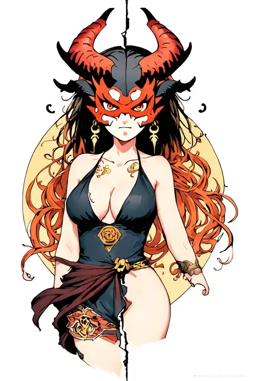 nami from one piece with a demon oni mask split in two around her tattoo design idea