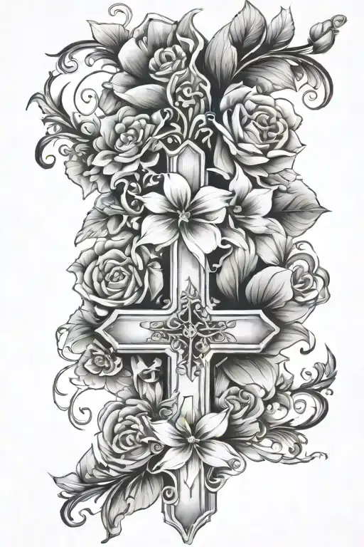  half sleeve floral tattoo with a cross outline in the flowers tattoo design idea