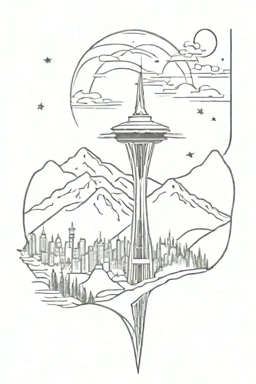 space needle with mountain range tattoo design idea