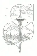 space needle with mountain range tattoo design idea