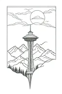 space needle with mountain range tattoo design idea