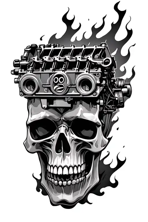 v8 engine block coming out of burning skull tattoo design idea