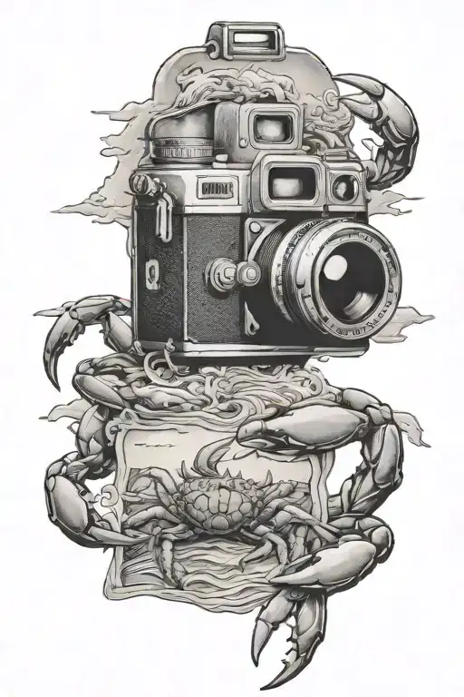 beach waves, image of travelling inside a camera, with crab image  tattoo design idea