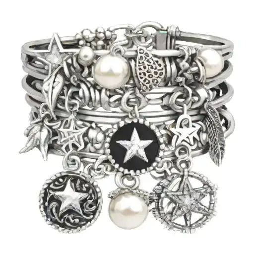 3D charm bracelet  - multiple layers   - diamonds and pearls  - 3 layers  - heart bangle, R bangle, star bangle, feather tattoo design idea