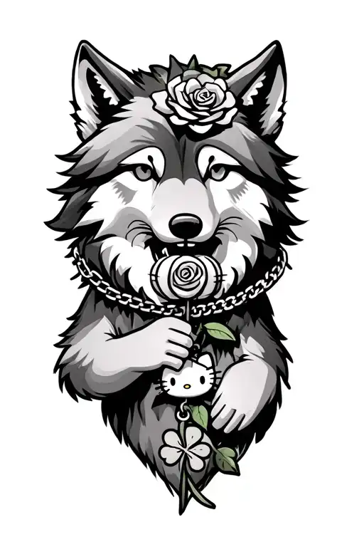 Wolf holding rose stem, biting charm bracelet chain, dangling Hello Kitty, pumpkin, clover, tattoo half sleeve tattoo design idea