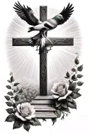 A path to a cross with increasing light rays, next to pigeons with roses at the top tattoo design idea