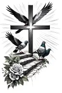 A path to a cross with increasing light rays, next to pigeons with roses at the top tattoo design idea