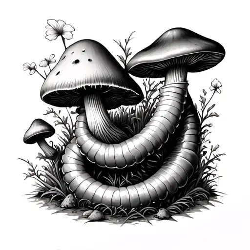 worm and mushrooms tattoo design idea