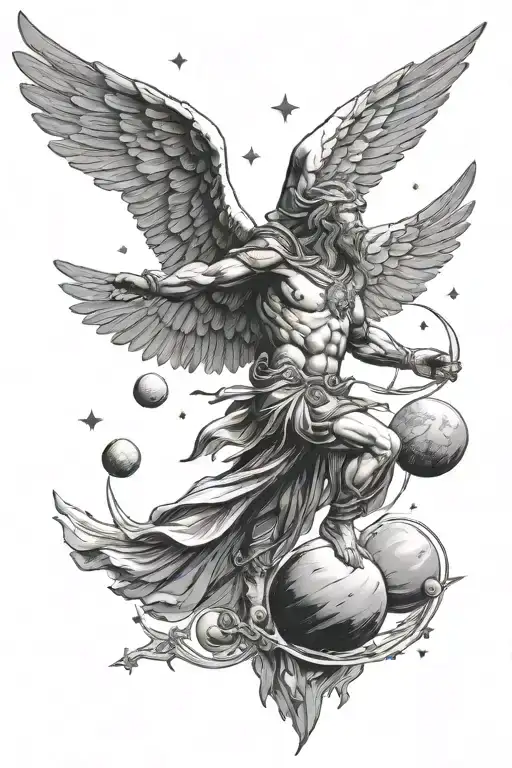 ancient Icarus flying in space with planets and stars tattoo design idea