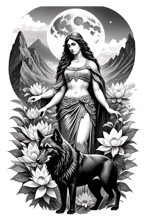Athena goddess surrounded by poeny and lotus flowers growing and butte with a black wolf in a mountain range with a moon tattoo design idea