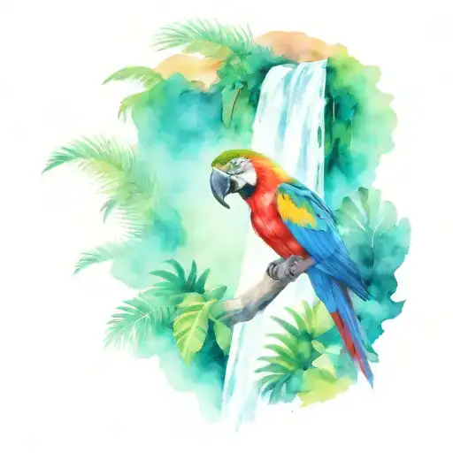 costa rica waterfall with macaw tattoo design idea