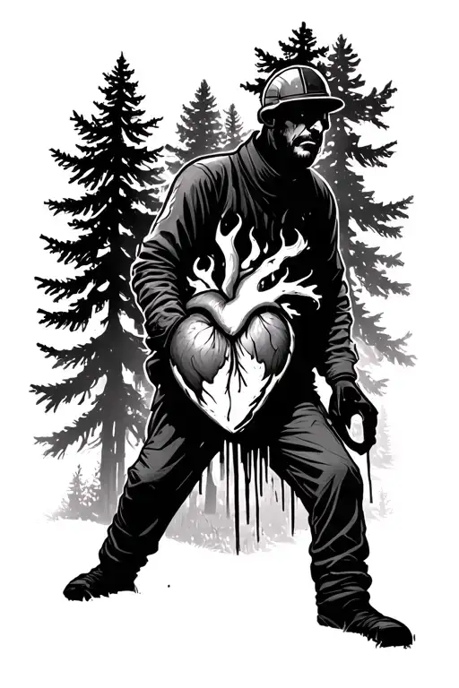 A coniferous forest with a worker who has a burning heart and a dirty face tattoo design idea