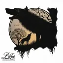 tree of life with the letters LBD and silhouette of a howling wolf tattoo design idea