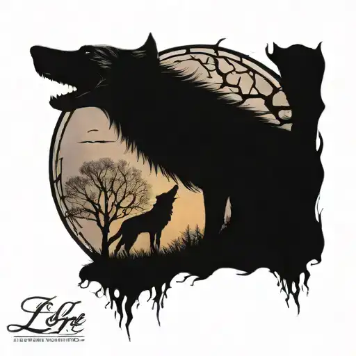tree of life with the letters LBD and silhouette of a howling wolf tattoo design idea