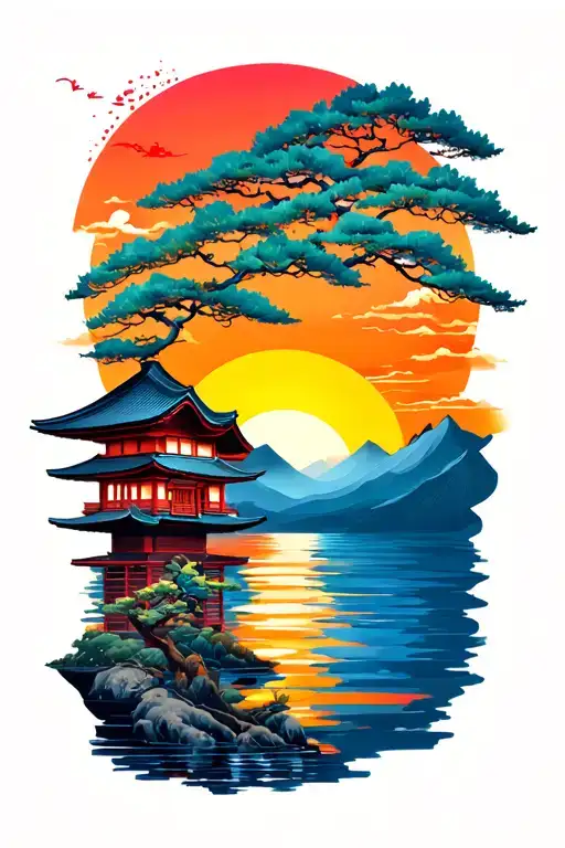 japanese sunrise background tattoo design idea