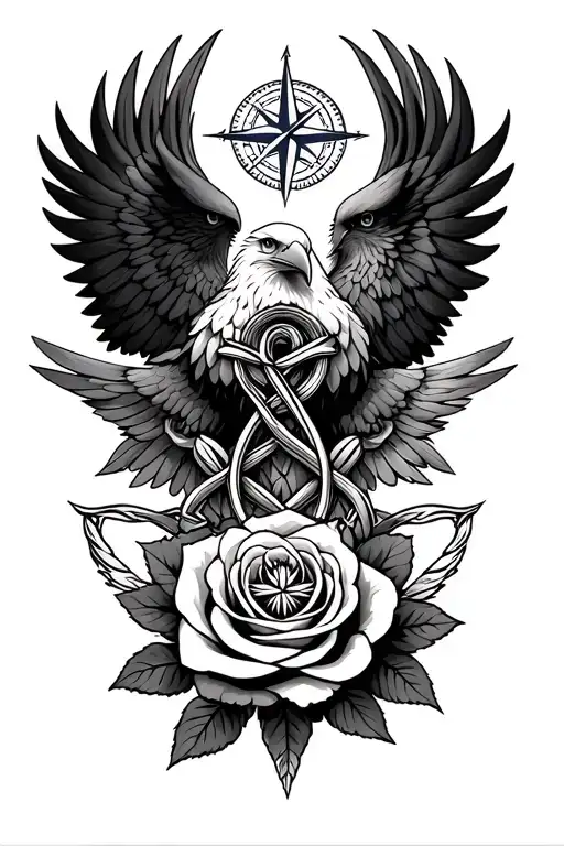 family trinity knot, roses, eagle wings, compass tattoo design idea