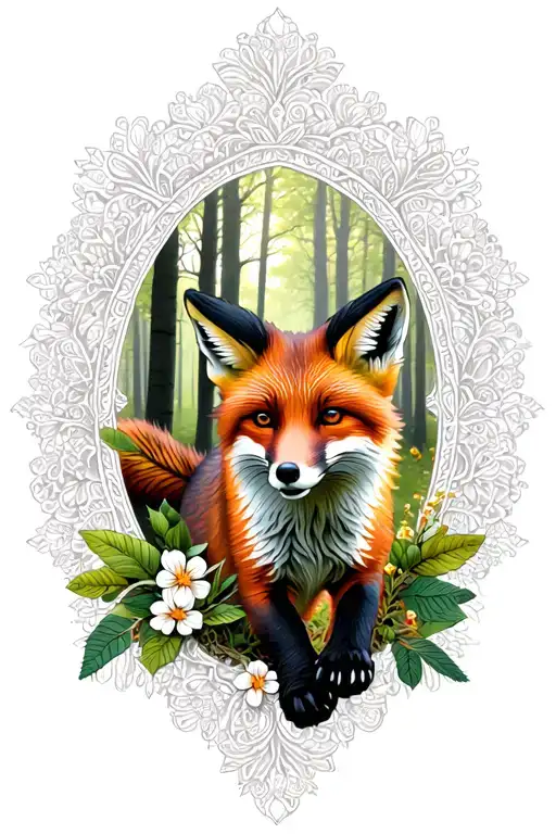 floral lace background with fox running through forest tattoo design idea