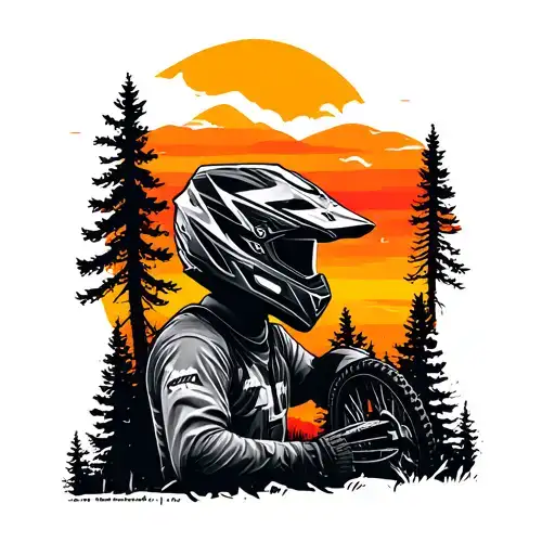 motocross helmet surrounded with trees colors sunset tattoo design idea