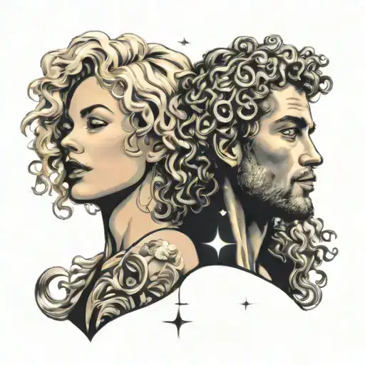 curly hair man and blonde straight hair woman stargazing in love tattoo design idea
