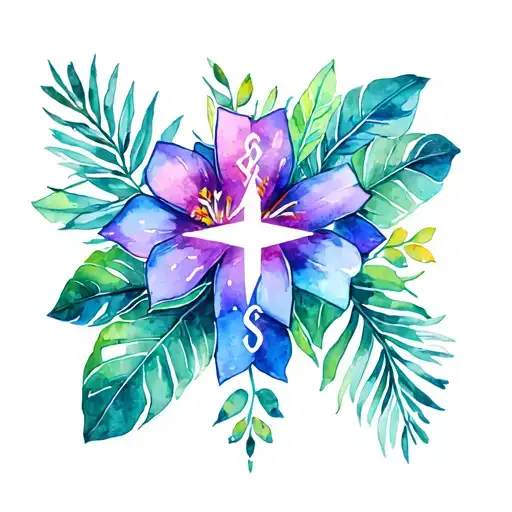 tropical flowers and leaves with EMS star of life in center tattoo design idea
