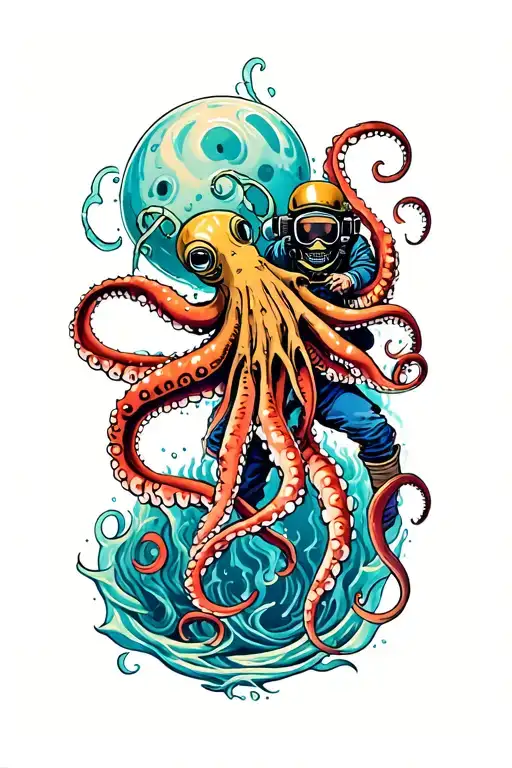 deep sea diver fighting giant squid tattoo design idea
