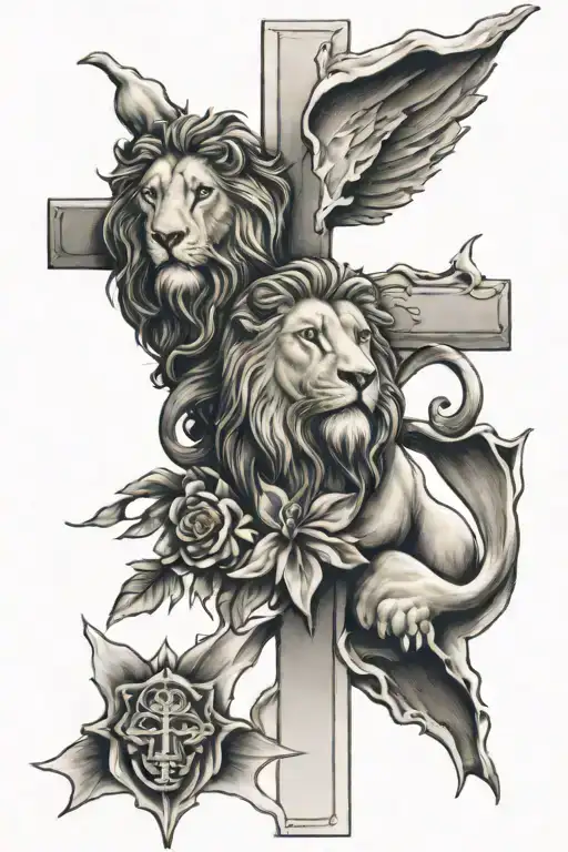 Cross with jesus on 1 half lion on other half with birthdays 2008/09/19, 2007/05/02, 1979/08/18, 1976/07/02 and the word tattoo design idea