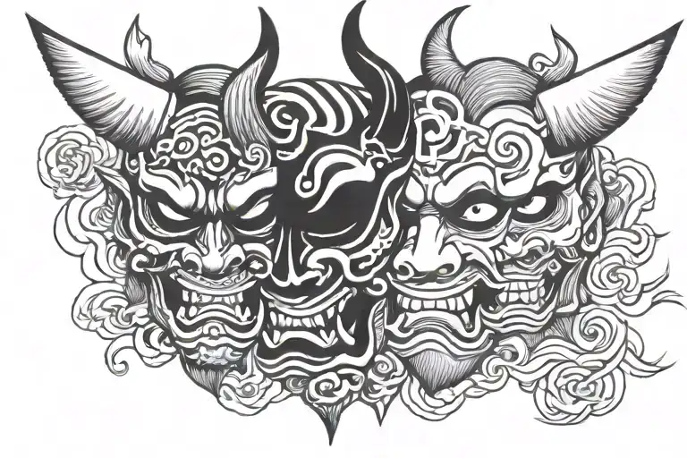 oni mask split in half tattoo design idea