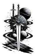 black start space, planets, time clock, sword tattoo design idea