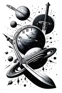 black start space, planets, time clock, sword tattoo design idea