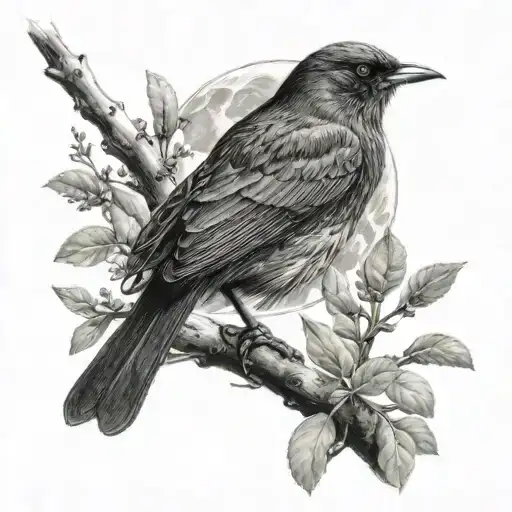 moon, tree branch , blackbird tattoo design idea