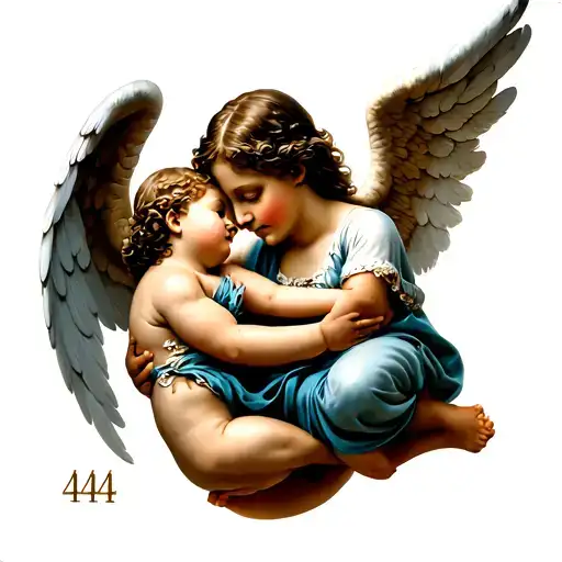 Angel hugging a child and the number 444 tattoo design idea