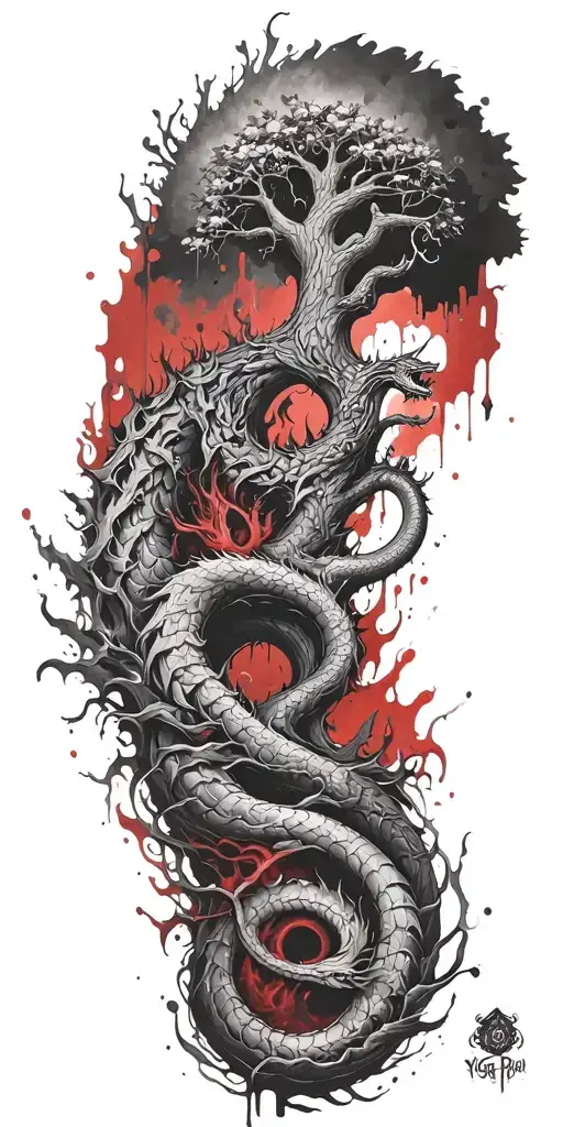yggdrasil with jormungandr tree norse tattoo design idea