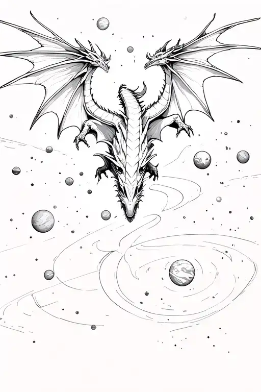 realistic dragon seen from above, flying upward with fully spread wings and planet system in the background tattoo design idea
