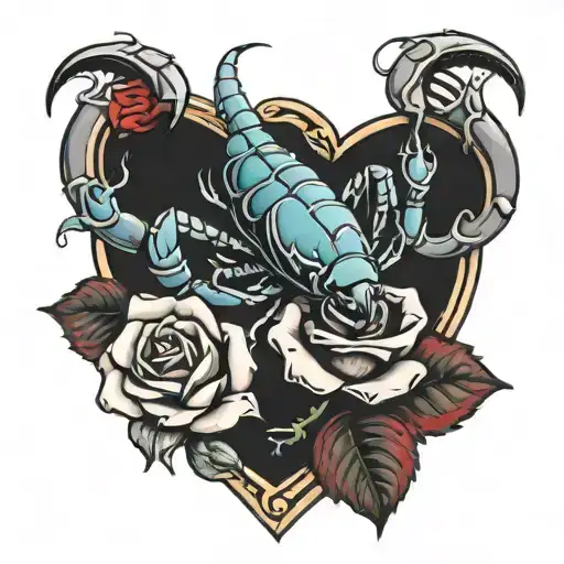 a blue scorpion with red claws, a purple rose with green leaves, a red heart dripping with blood, tattoo style  tattoo design idea