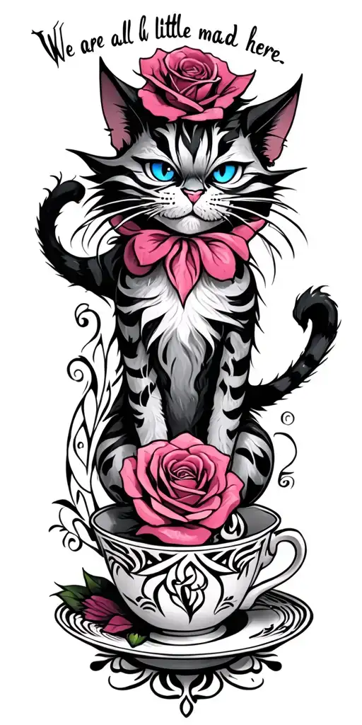 "We are all a little mad here"  evil cheshire cat with blue eyes with tail intertwined with tea cup and rose tattoo design idea